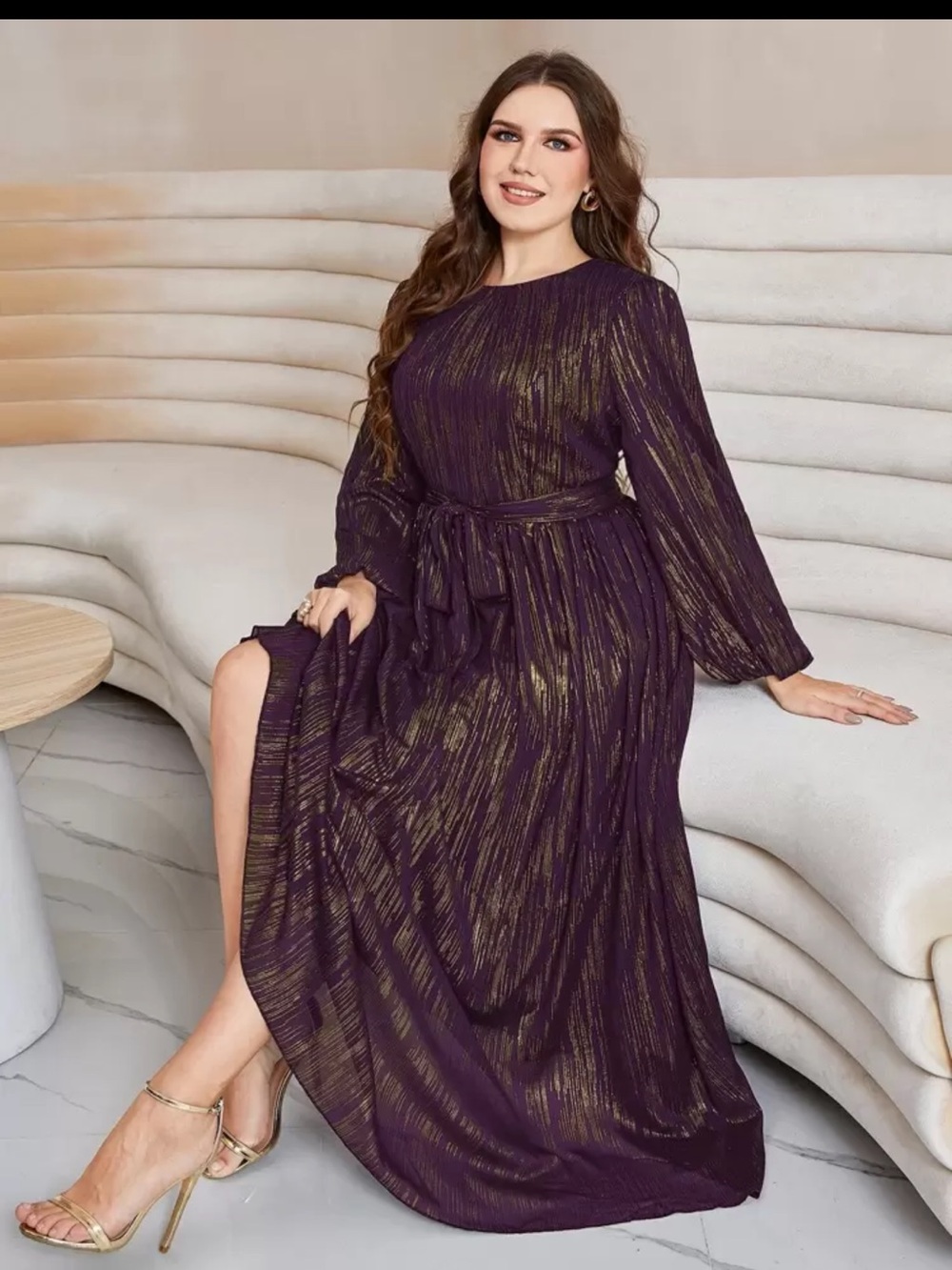 SHEIN Purple and Gold Metallic Long Sleeve Maxi Dress